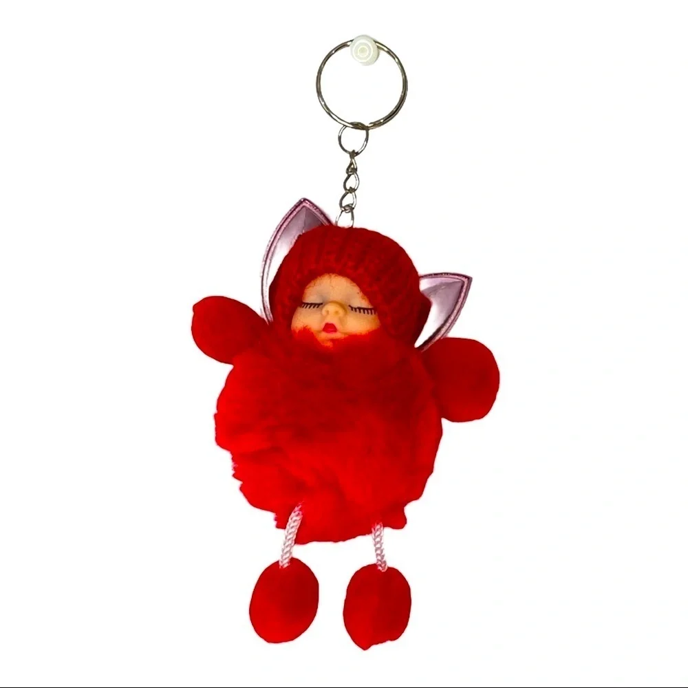 SLEEPY BABY WITH FAIRY WINGS SMALL POMPON IN RED  KEYCHAIN‎ CHARM